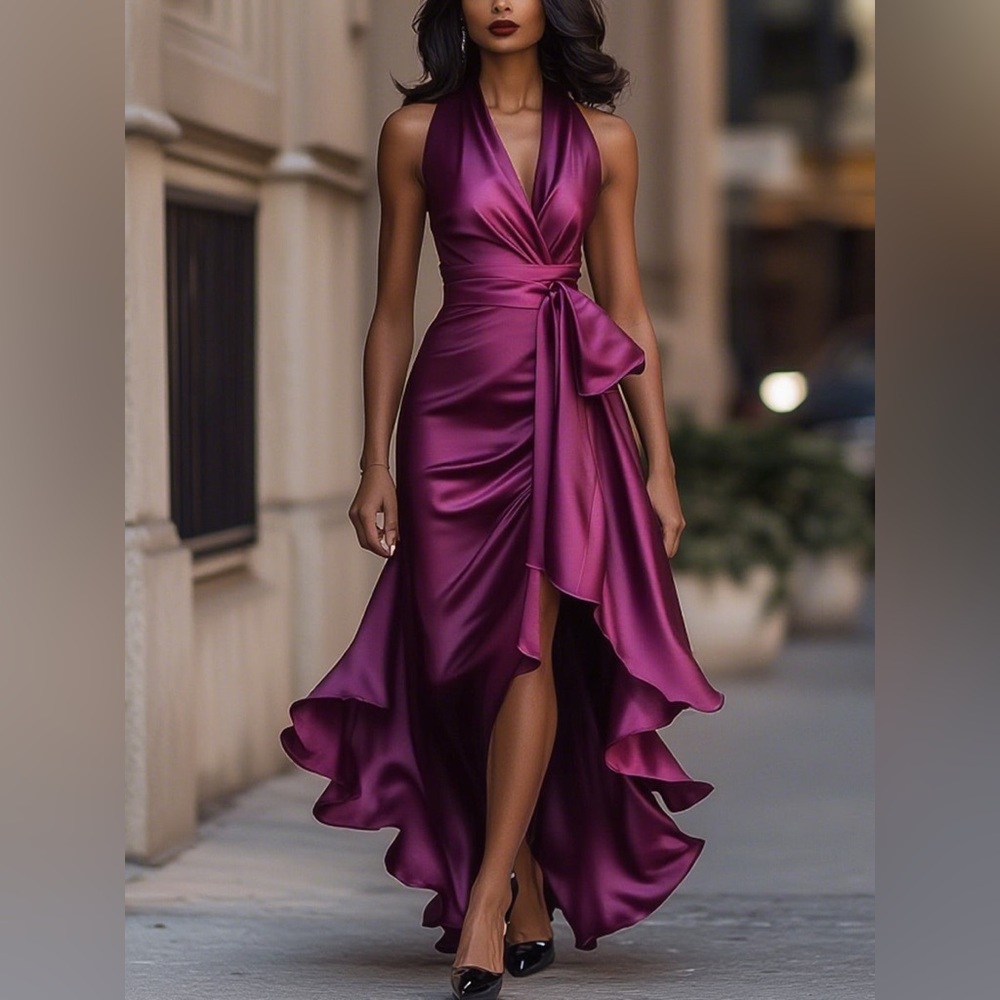 NWT Mooyius Midnight Elegance Satin Halter Ruffle Gown Magenta High Low Dress